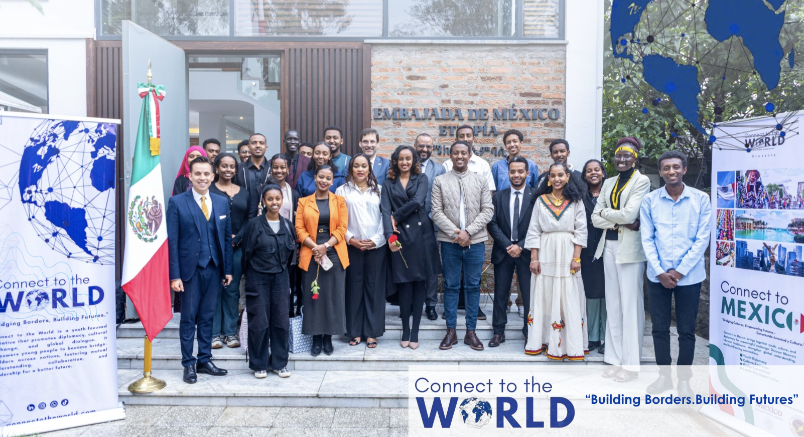 Connect to the World participants gathered in front of the Embassy of Mexico in Addis Ababa